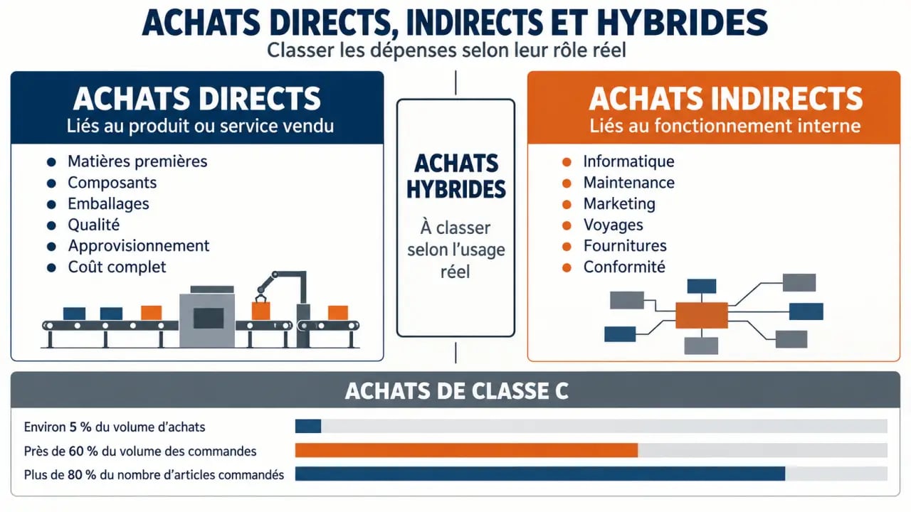 Infographie comparative des achats directs et indirects, avec exemples, achats hybrides et données sur les achats de classe C