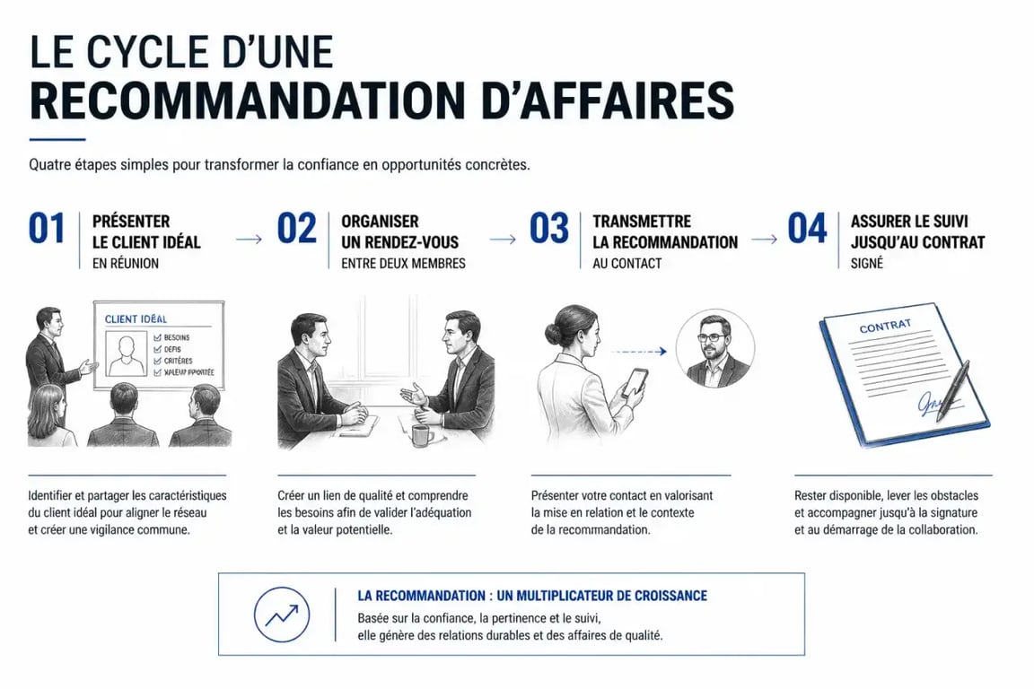 Schéma du fonctionnement d'un réseau de recommandation d'affaires en quatre étapes