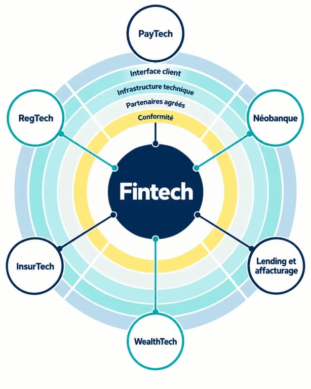 Infographie sur les six grandes catégories de la fintech et son écosystème