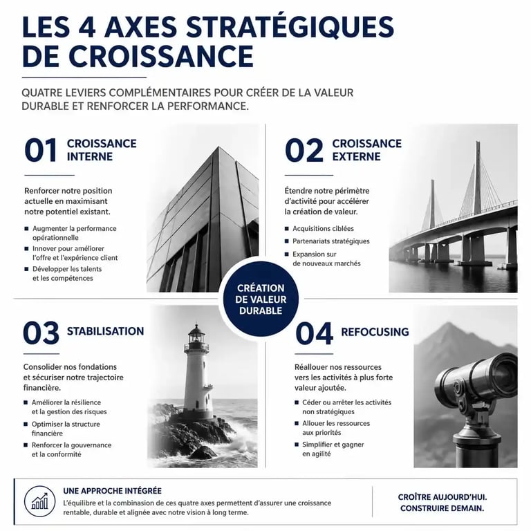 Schéma des stratégies de développement d'entreprise : croissance interne, externe, stabilisation et recentrage