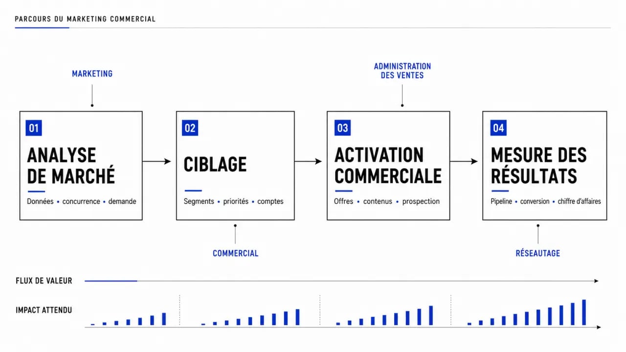 Schéma du marketing commercial en 4 étapes, de l’analyse de marché à la mesure des résultats