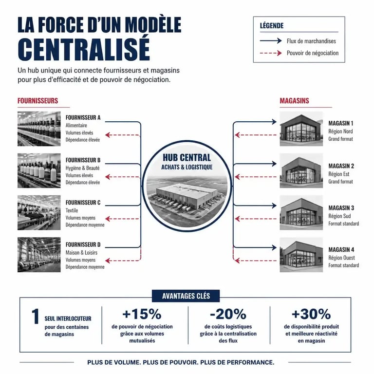 Schéma du fonctionnement d'une centrale d'achat mutualisant les flux entre fournisseurs et points de vente