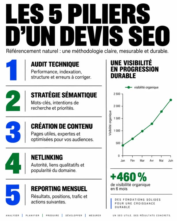 Infographie des composants d'un devis de référencement naturel pour comprendre les prestations SEO