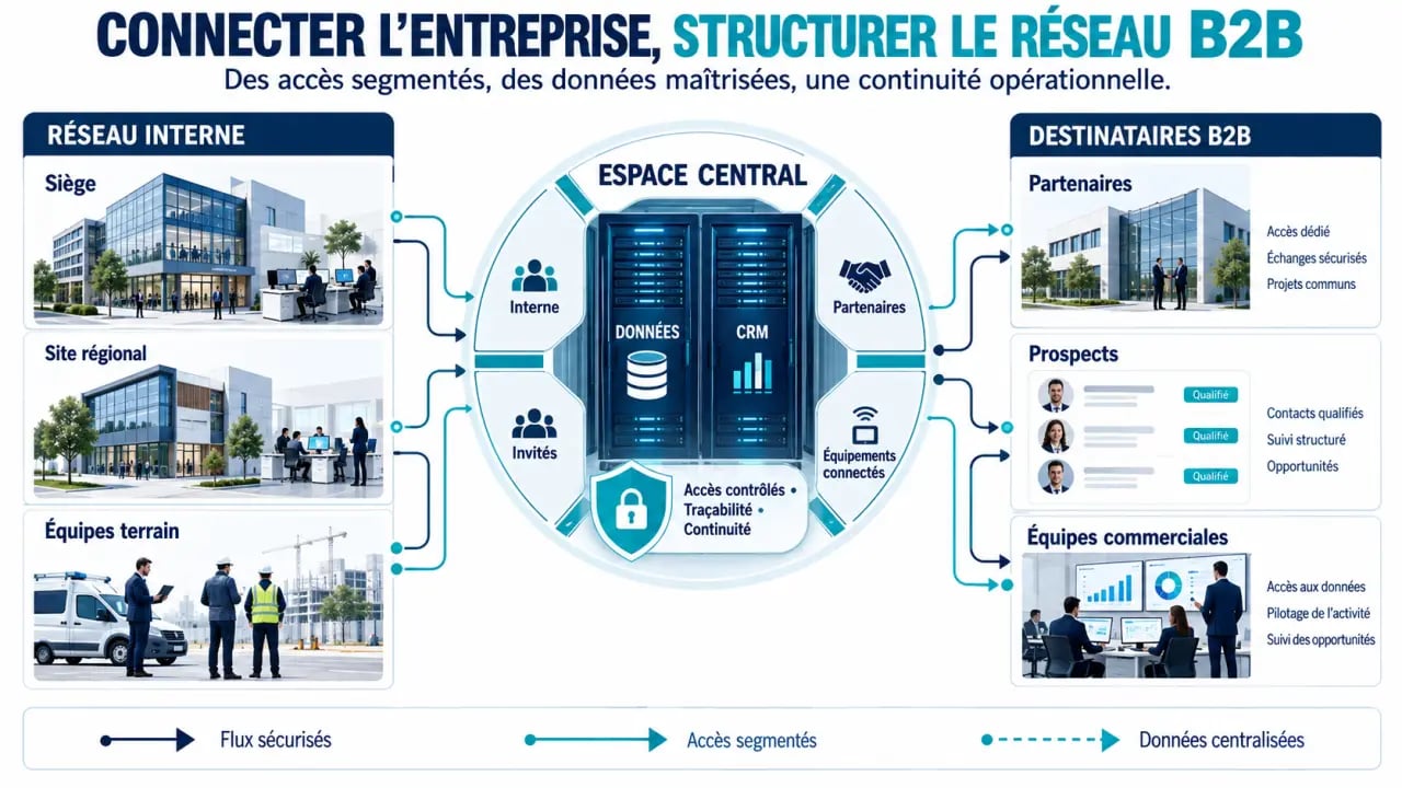 Infographie pour connecter entreprises et structurer un network-entreprise sécurisé entre sites, CRM et partenaires