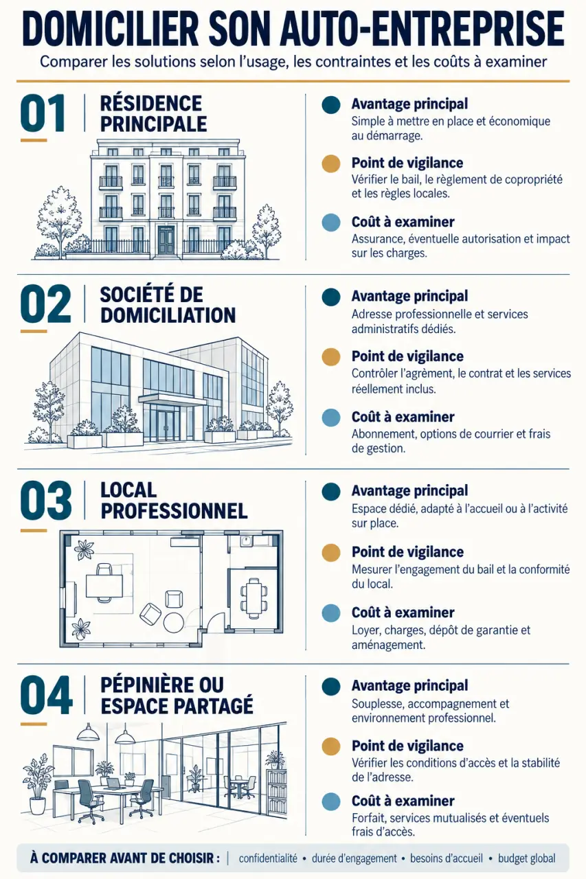 Infographie comparative sur la domiciliation auto entrepreneur et ses quatre solutions
