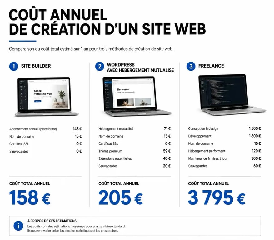 Comparatif des coûts annuels pour la création d'un site internet pas cher : Site Builder, WordPress et Freelance