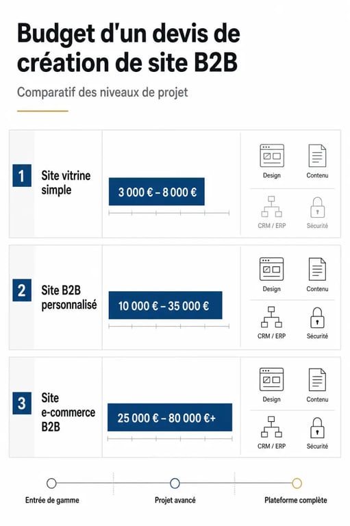 Devis création site B2B : comparatif visuel des budgets selon le type de projet