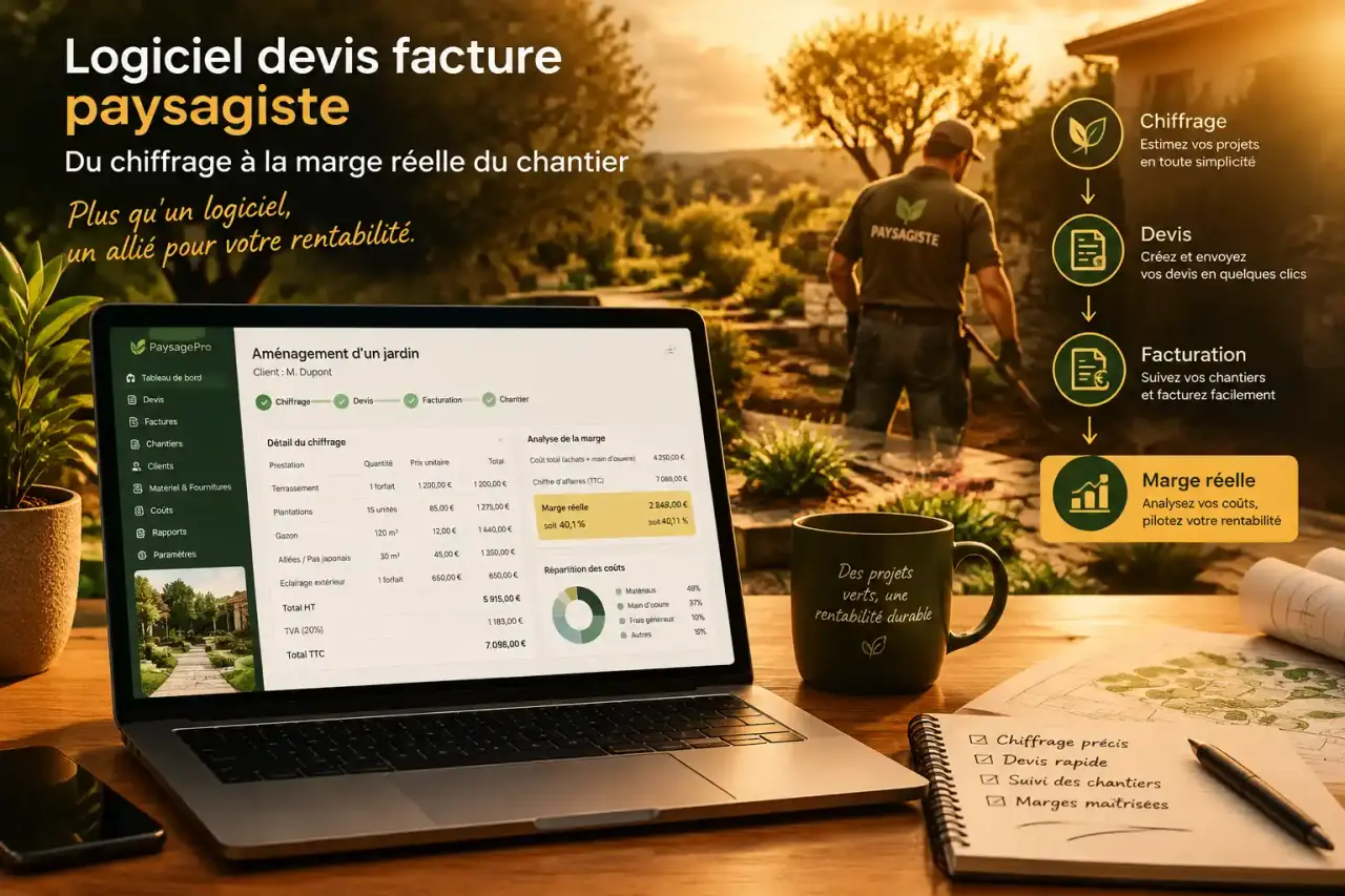 Logiciel devis facture paysagiste : du chiffrage à la marge réelle du chantier