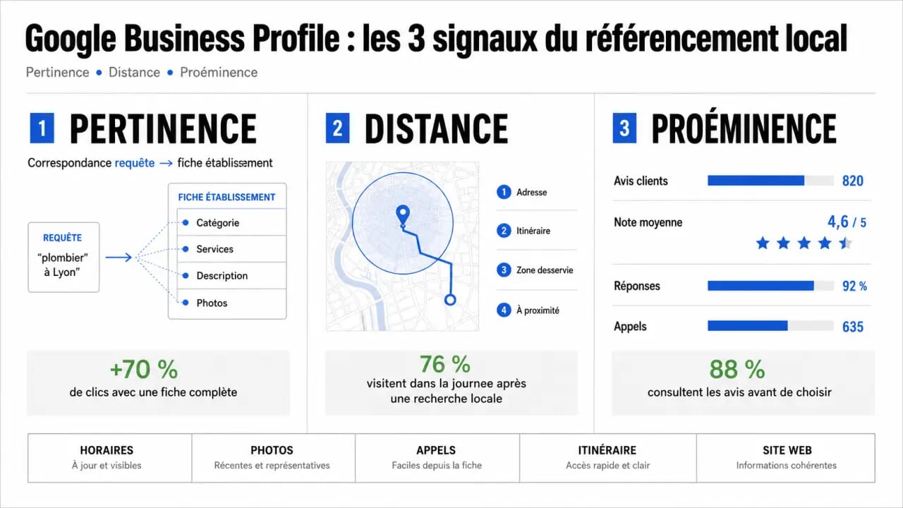 Infographie google local business montrant les trois signaux du référencement local et les éléments clés d’une fiche