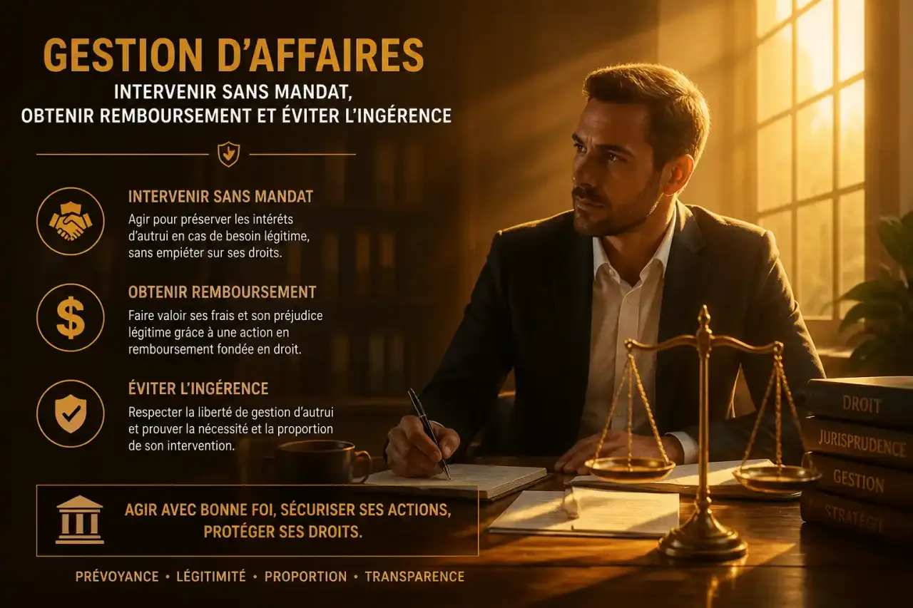 Gestion d’affaires : intervenir sans mandat, obtenir remboursement et éviter l’ingérence