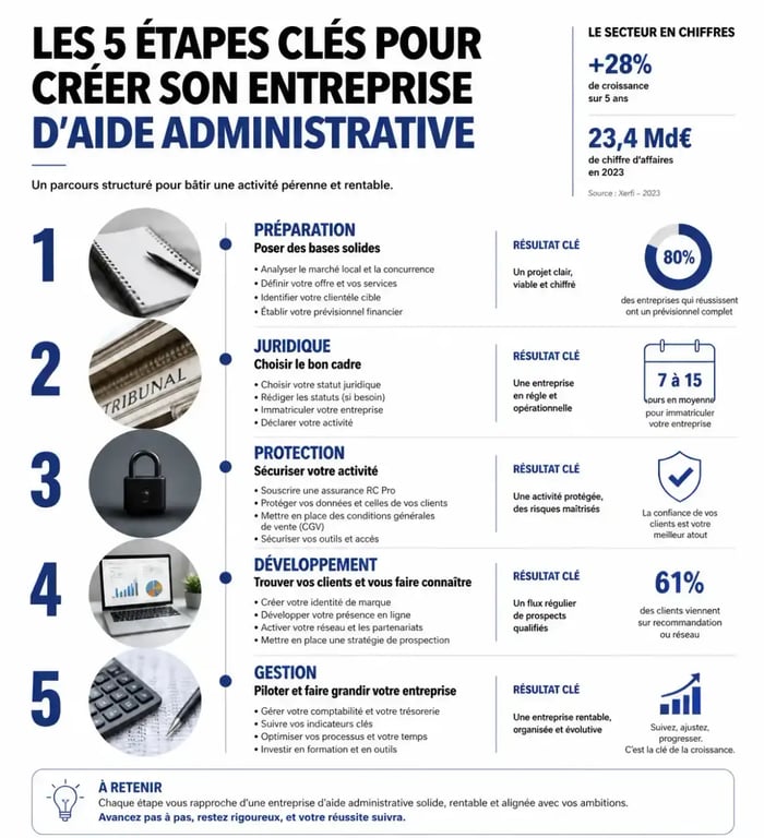 Infographie des étapes pour créer son entreprise d'aide administrative