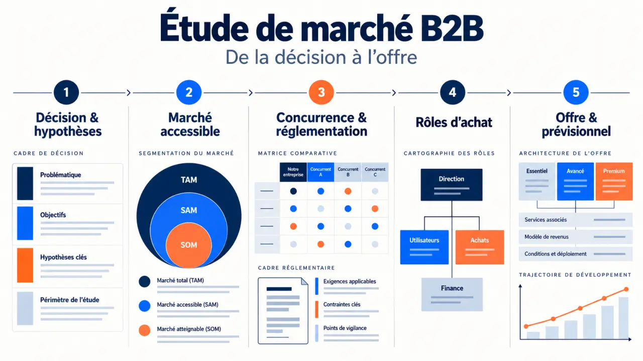 Infographie du processus d’une étude de marché B2B, de l’analyse du marché au prévisionnel