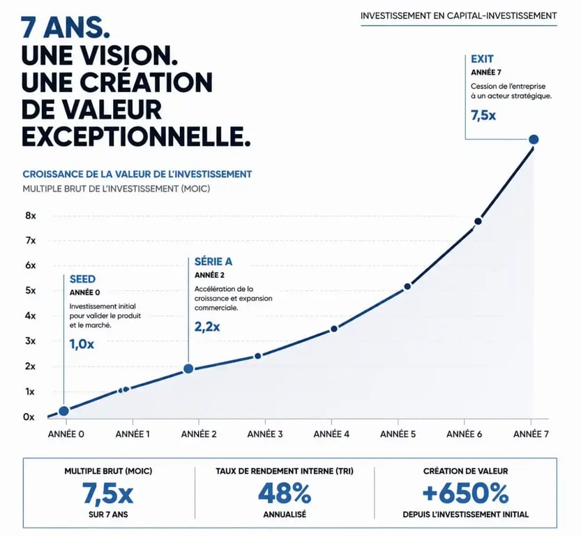 Graphique illustrant le cycle de vie et le potentiel de rendement pour investir dans une entreprise non cotée