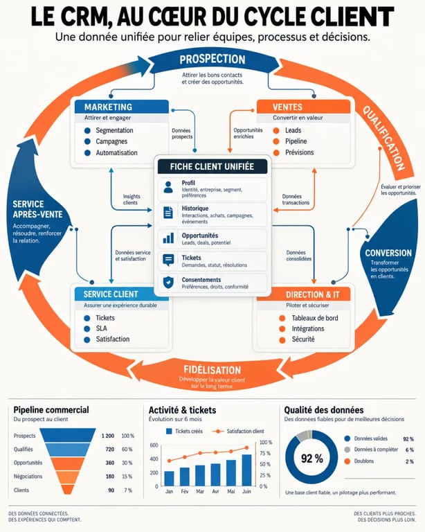 Infographie des fonctionnalités CRM par équipe et étapes du cycle client