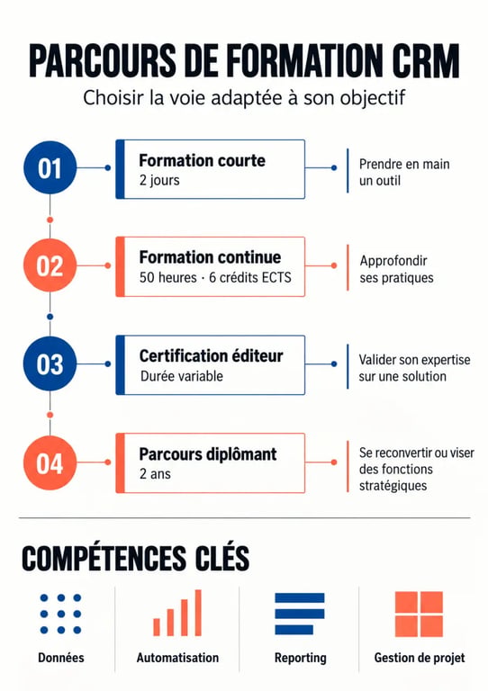 Infographie sur les parcours de formation customer relationship management et les compétences CRM