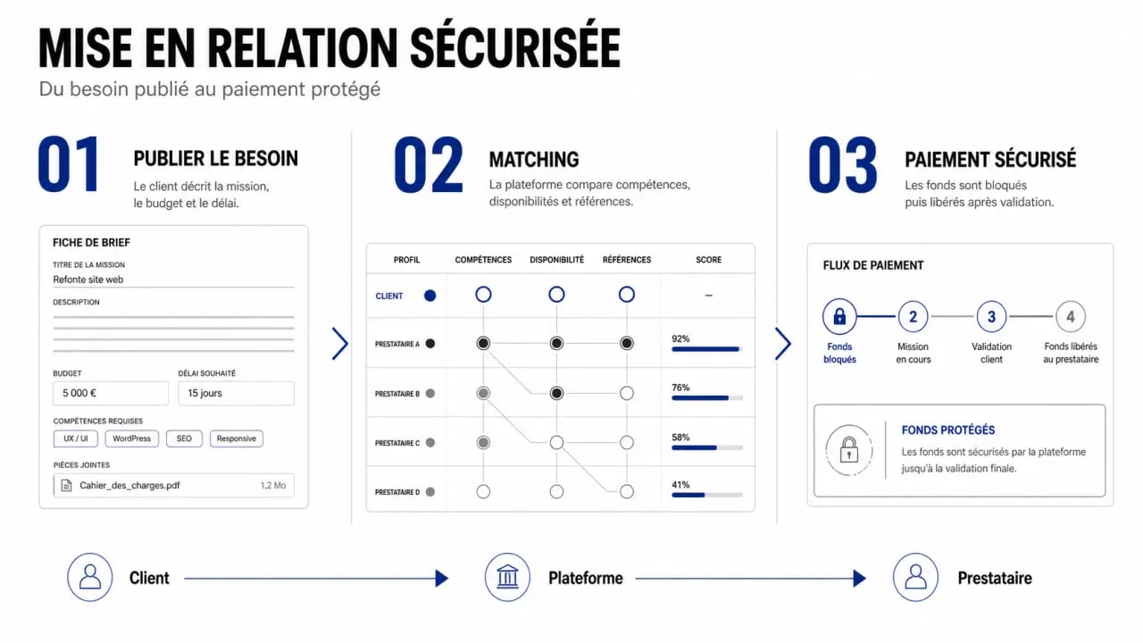 Schéma du fonctionnement d'une plateforme de mise en relation entre client et prestataire