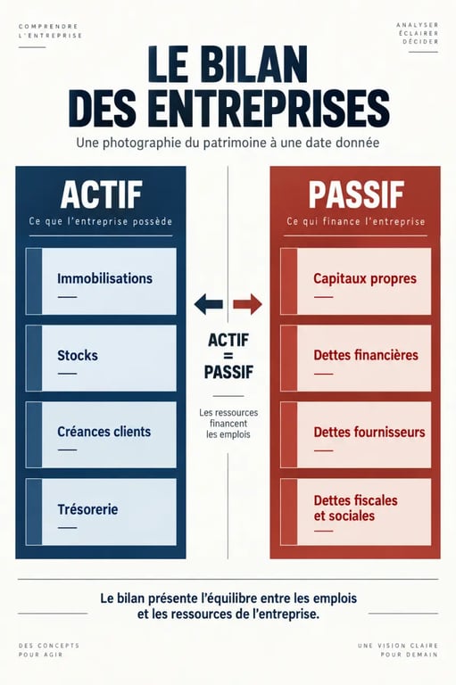 Bilan des entreprises : schéma de l’actif et du passif avec trésorerie, dettes et capitaux propres