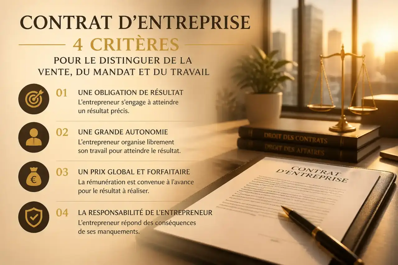 Contrat d’entreprise : 4 critères pour le distinguer de la vente, du mandat et du travail
