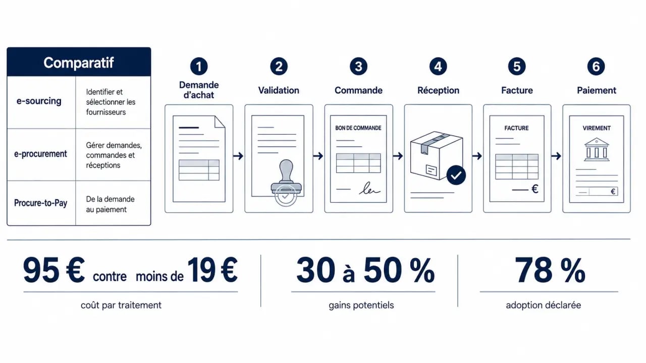Schéma e-procurement du cycle achat jusqu’au paiement avec comparaison e-sourcing et P2P