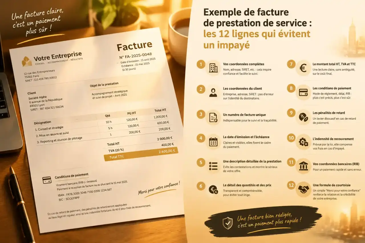 Exemple de facture de prestation de service : les 12 lignes qui évitent un impayé