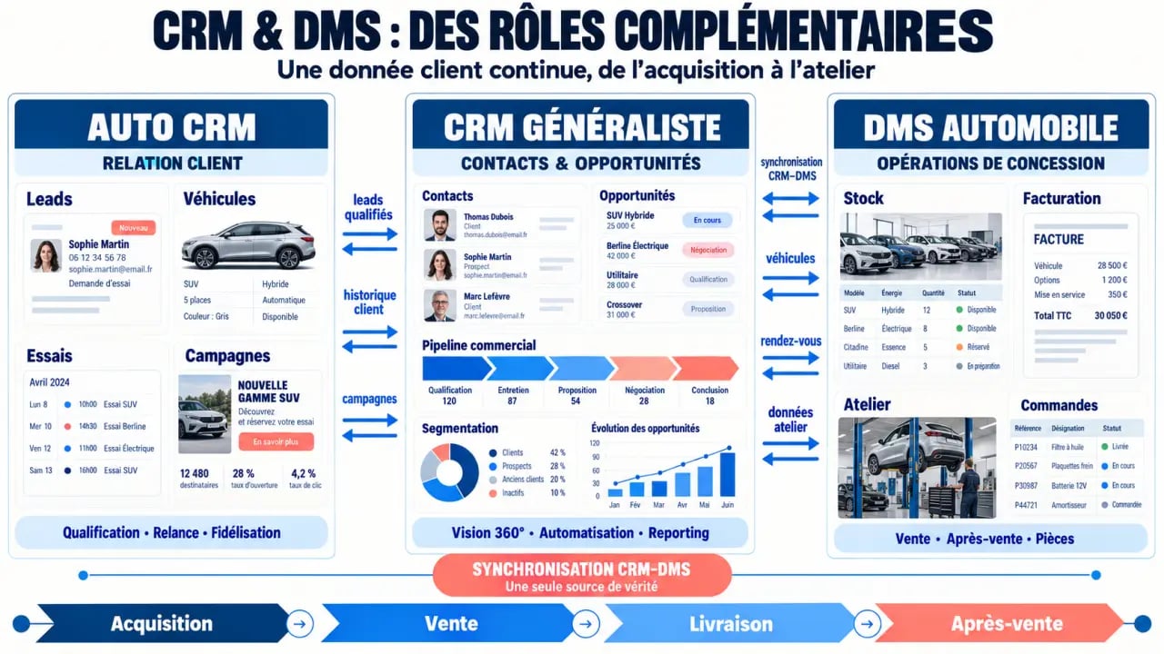 Infographie comparant les rôles d’un auto CRM, d’un CRM généraliste et d’un DMS automobile
