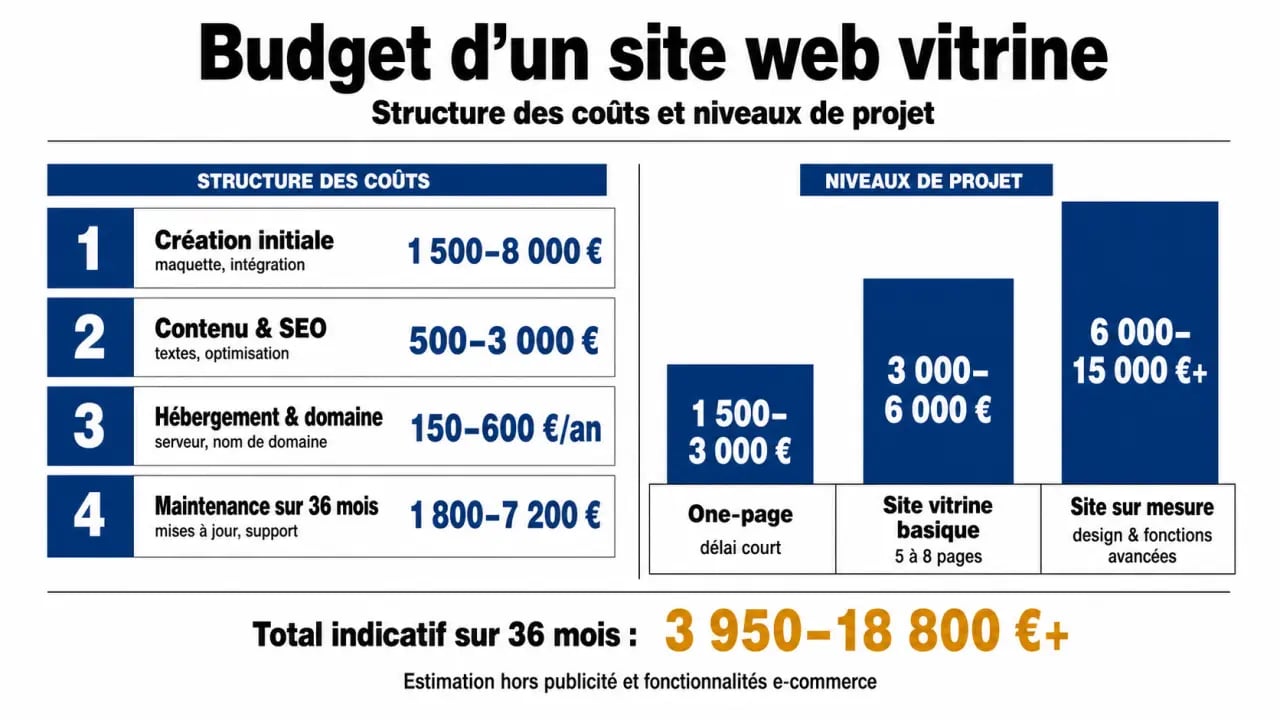 Infographie sur le site web vitrine prix avec la décomposition des coûts et les principaux niveaux de budget