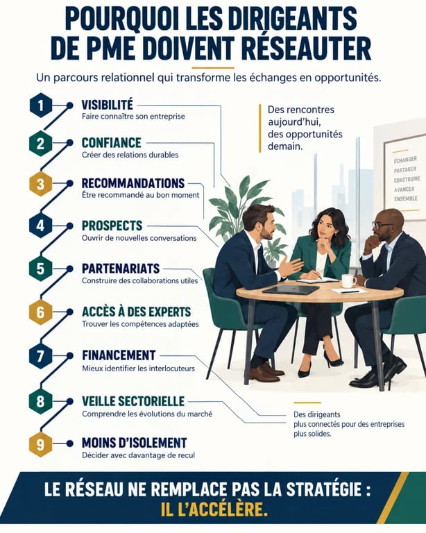 Infographie expliquant pourquoi les dirigeants de PME doivent-ils faire du réseautage et quels bénéfices ils peuvent en tirer
